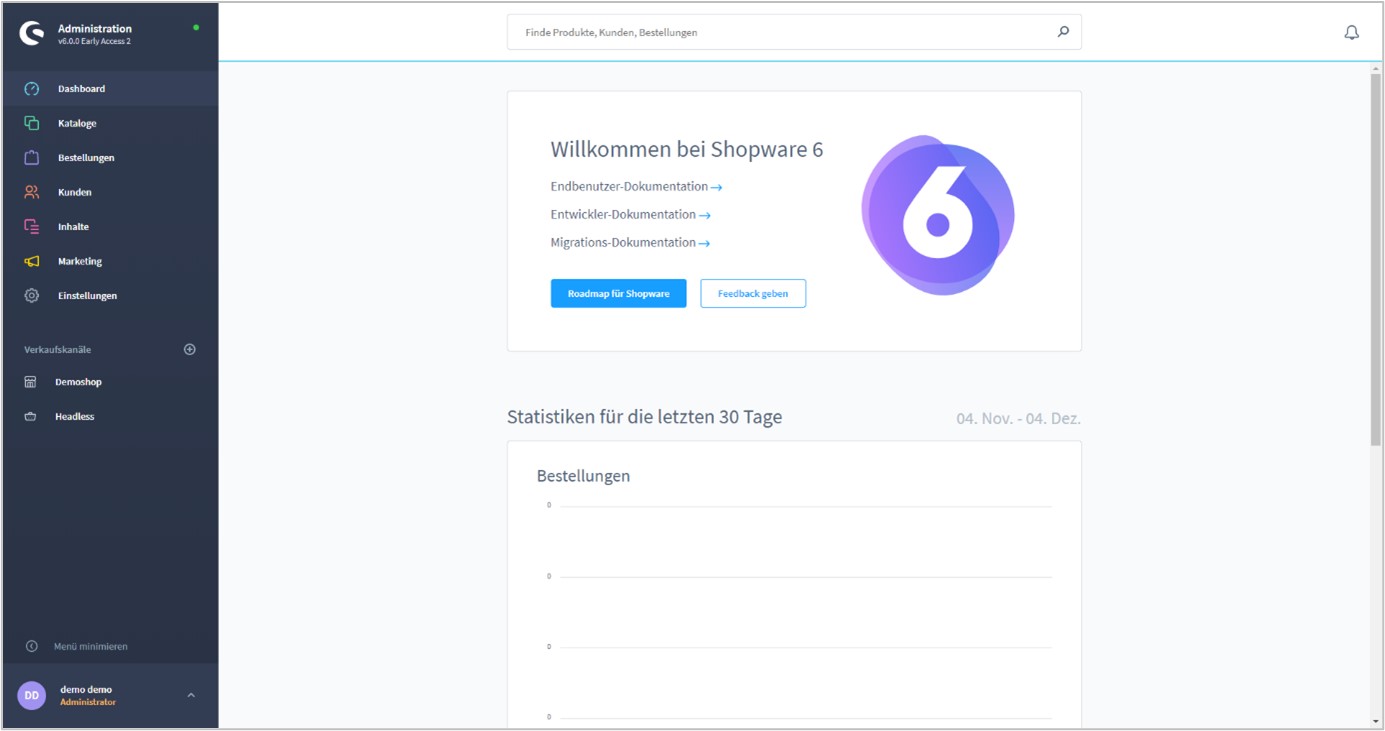 oberflaeche-shopware-home Oberfläche des Backends in Shopware.