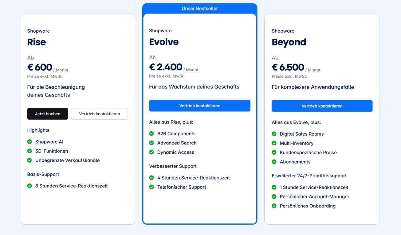 shopware-kosten Auflistung Pläne von Shopware