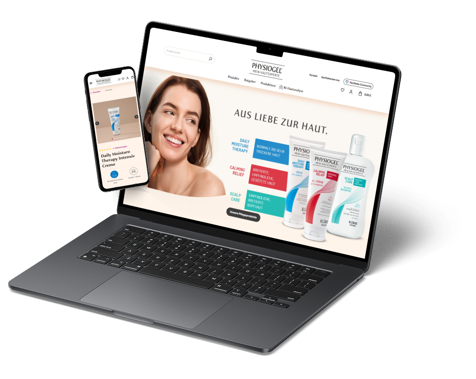 Das Bild zeigt Mockups von einem Laptop und einem Smartphone. Die Bildschirme bilden die Website von PHYSIOGEL ab.