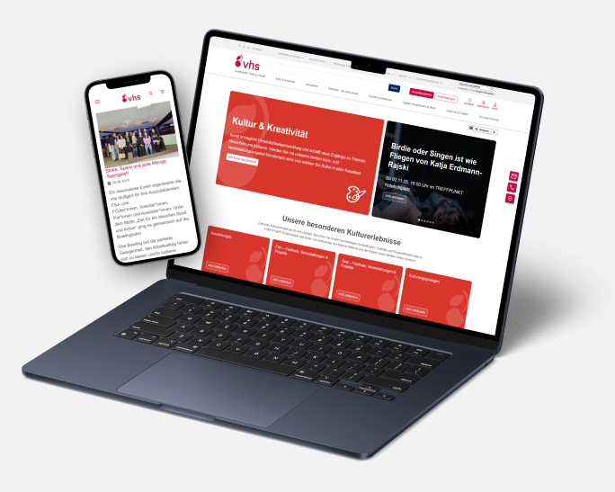 Das Bild zeigt Mockups von einem Laptop und einem Smartphone. Die Bildschirme bilden die Website der vhs Stuttgart ab.