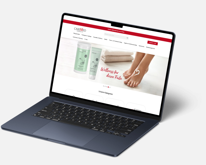 CareMed Products Referenz Highlight Laptop zeigt die Website von CareMed Products