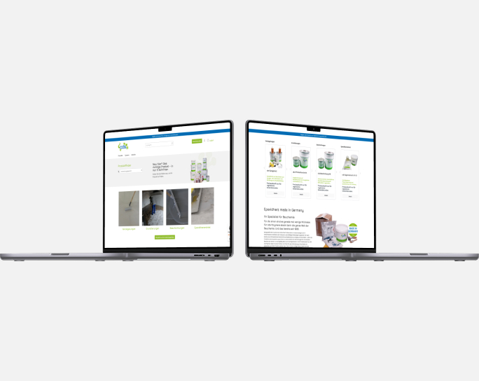 Zwei Laptops stehen vor einem grauen Hintergrund. Auf den Bildschirmen ist der Shop von CDS POLYMERE abgebildet.
