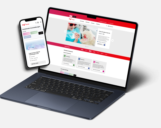 Das Bild zeigt Mockups von einem Laptop und einem Smartphone vor grauem Hintergrund. Die Bildschirme bilden den Online-Shop von MGO DENTAL ab.