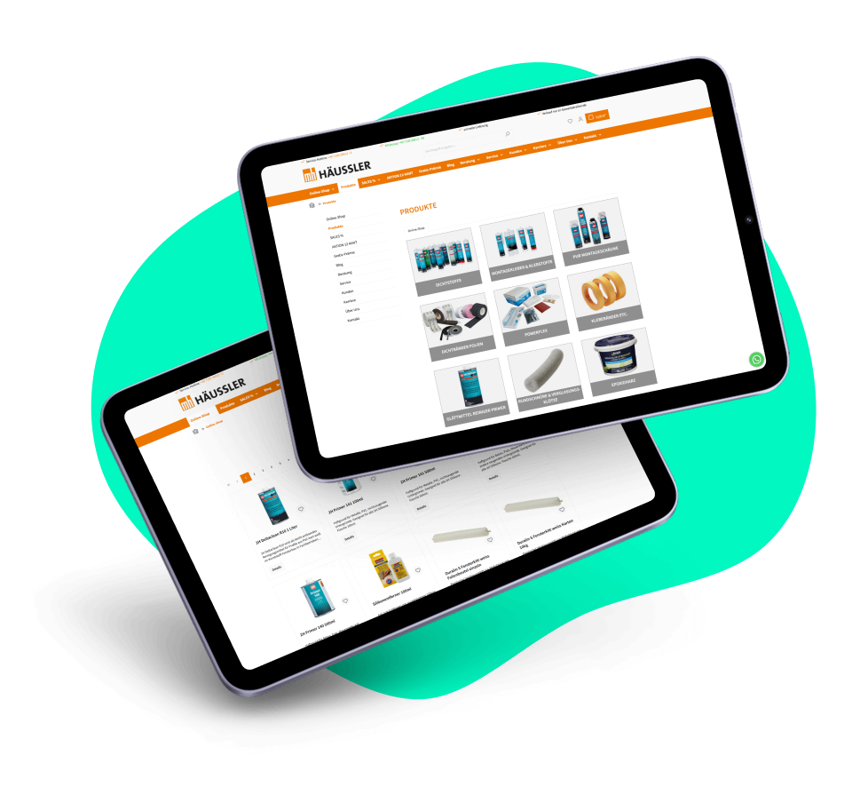 Häussler Dichtstoffe Referenz Tablets mit Hintergrund Zwei Tablets liegen auf einer türkisenen Hintergrundgrafik. Auf den Tablets sind Produktseiten des Häussler Dichtstoffe -Shops abgebildet.