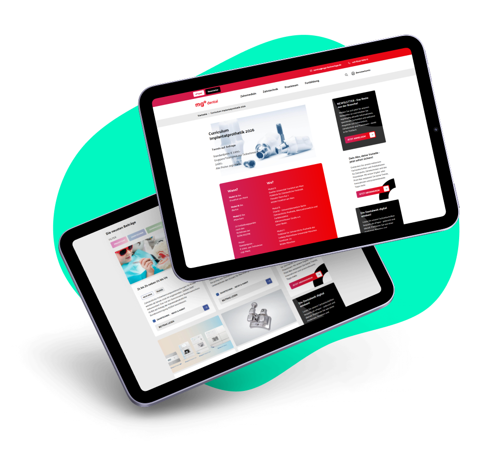 Zwei Tablets liegen auf einer türkisenen Hintergrundgrafik. Auf den Tablets ist die MGO DENTAL-Website abgebildet.