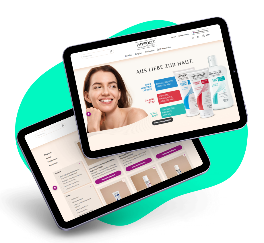 Zwei Tablets liegen auf einer türkisenen Hintergrundgrafik. Auf den Tablets sind Produktseiten des PHYSIOGEL-Shops abgebildet.