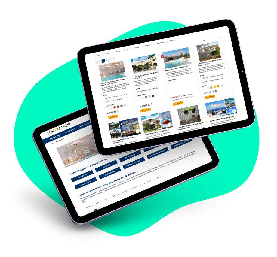 Shirm-Shop Referenz Tablets mit Hintergrund Zwei Tablets liegen auf einer türkisenen Hintergrundgrafik. Auf den Tablets sind Produktseiten des Shirm -Shops abgebildet.