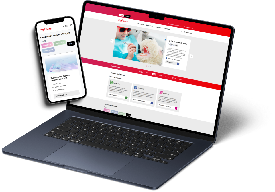 Das Bild zeigt Mockups von einem Laptop und einem Smartphone. Die Bildschirme bilden die Website von MGO DENTAL ab.