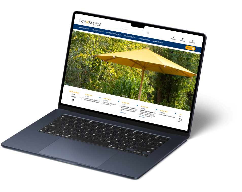 Shirm-Shop Referenz Mockup Laptop Laptop zeigt die Website von Shirm-Shop