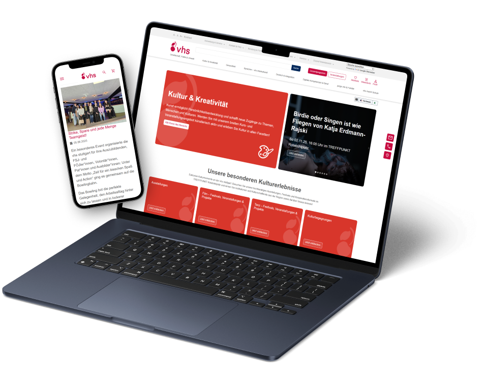 Das Bild zeigt Mockups von einem Laptop und einem Smartphone. Die Bildschirme bilden die Website der vhs Stuttgart ab.