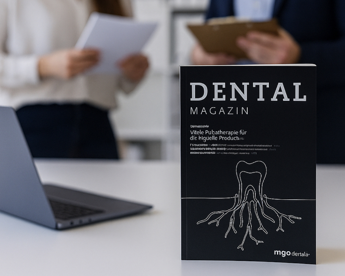 Zeitschrift mit dem Titel ‚Dental Magazin‘ steht auf einem Schreibtisch, im Hintergrund zwei Personen mit Unterlagen.