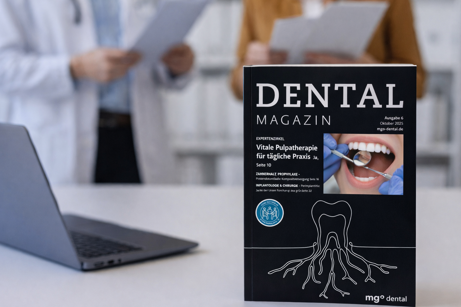 Zeitschrift mit dem Titel ‚Dental Magazin‘ steht auf einem Schreibtisch, im Hintergrund zwei Personen mit Unterlagen.
