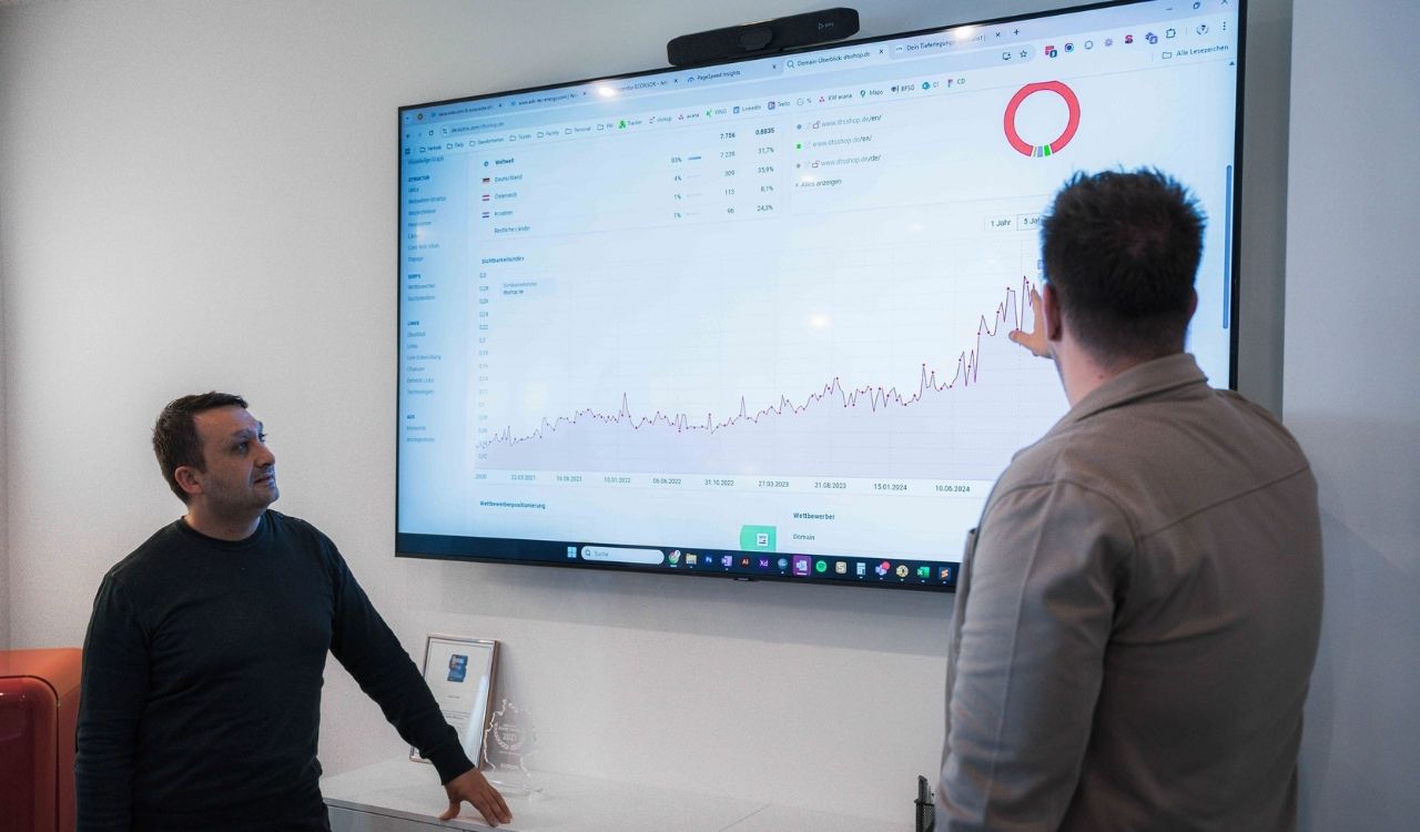 besprechung-sichtbarkeitsindex Am Monitor besprechen zwei Personen den Sichtbarkeitsindex einer Webseite.