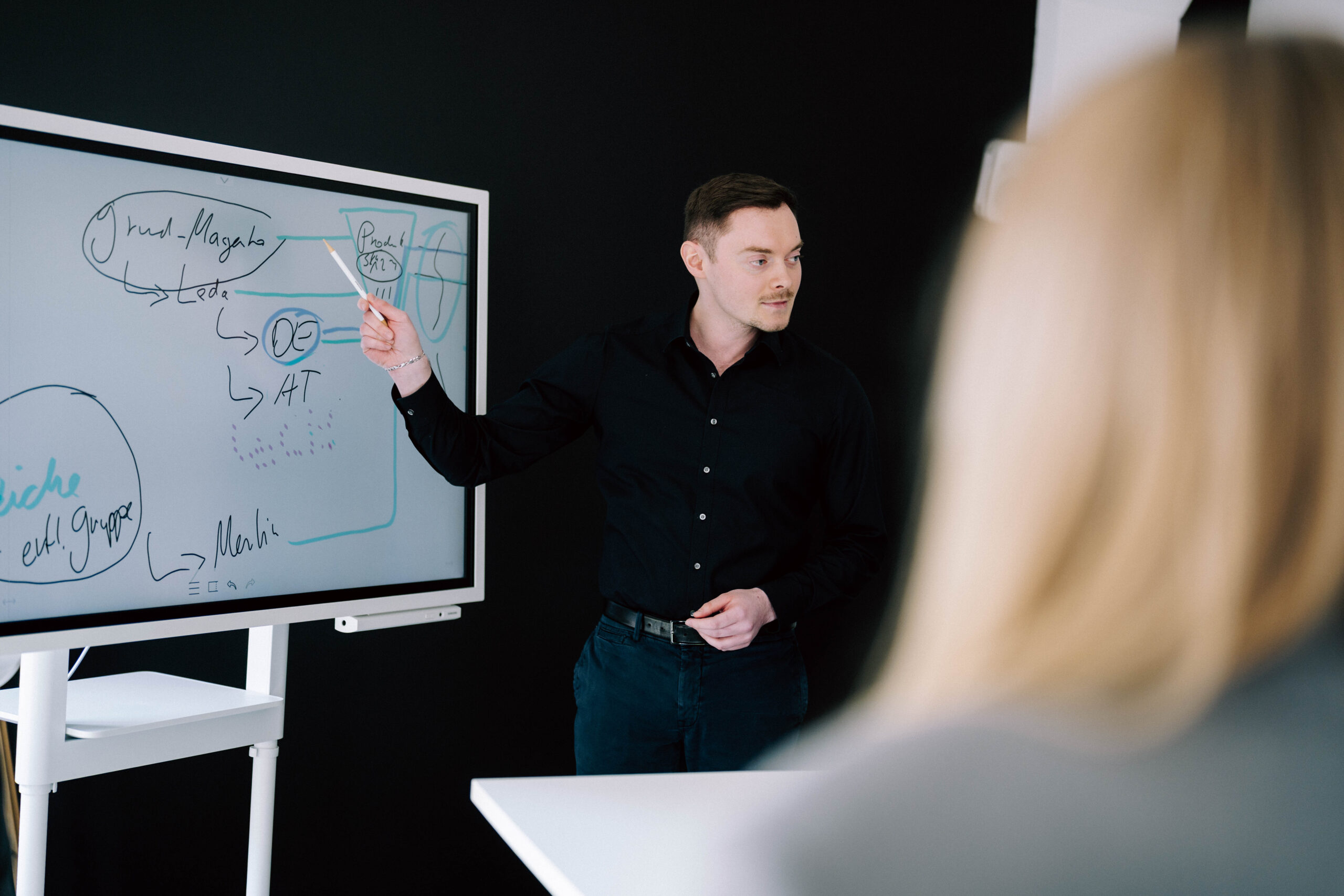 2025-04-11_c-marcel-ditrich_econsor-hn_071 Mann präsentiert Strategie am digitalen Whiteboard im Meeting