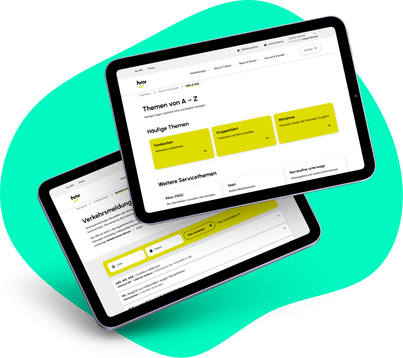 mein-hnv.de Referenz Tablets mit Hintergrund Zwei Tablets liegen auf einer türkisenen Hintergrundgrafik. Auf den Tablets sind Seiten der Website mein-hnv.de abgebildet