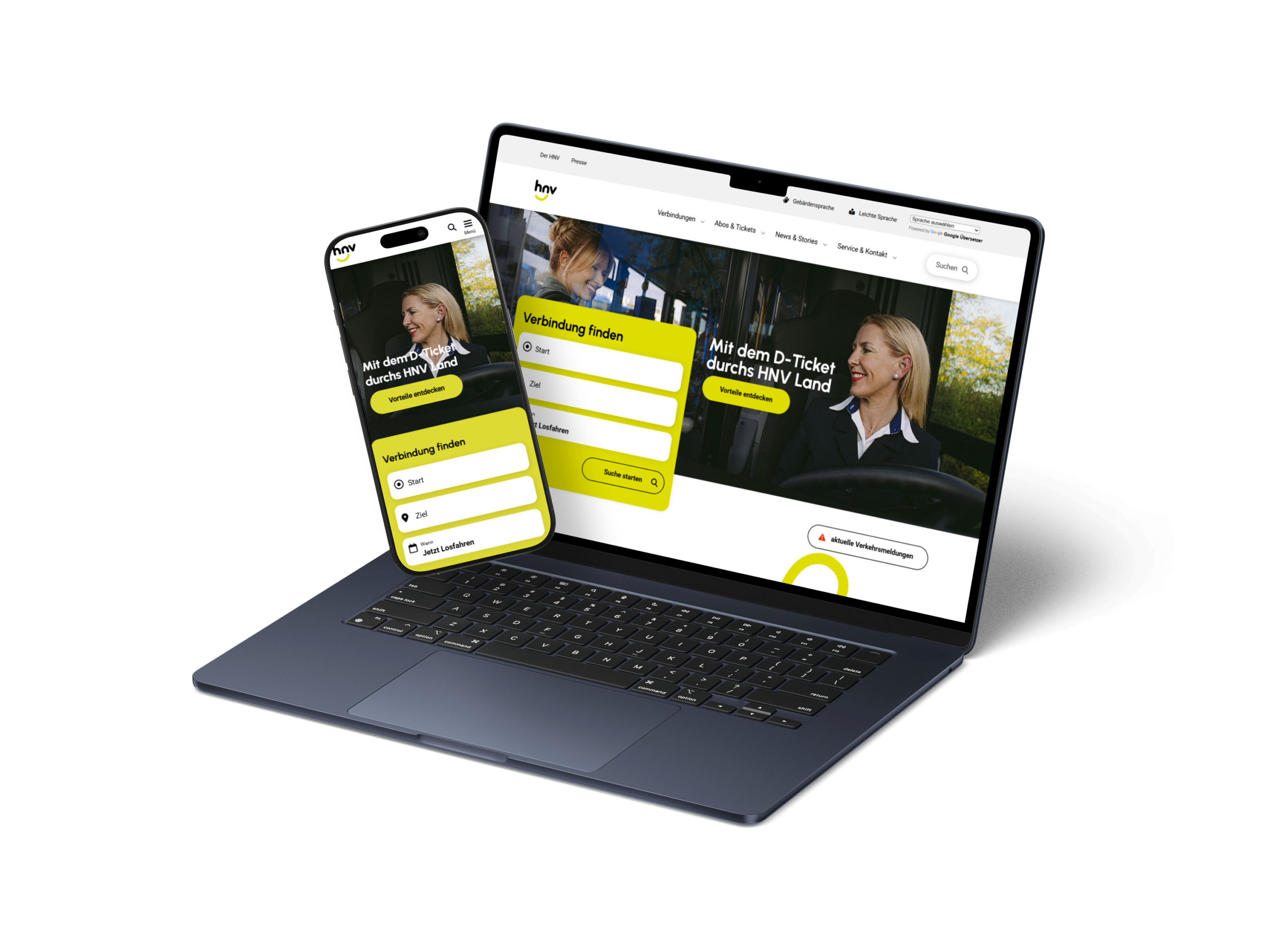 mein-hnv.de Referenz Mockup Laptop und Mobil Das Bild zeigt Mockups von einem Laptop und einem Smartphone. Die Bildschirme bilden die Website der mein-hnv.de ab.