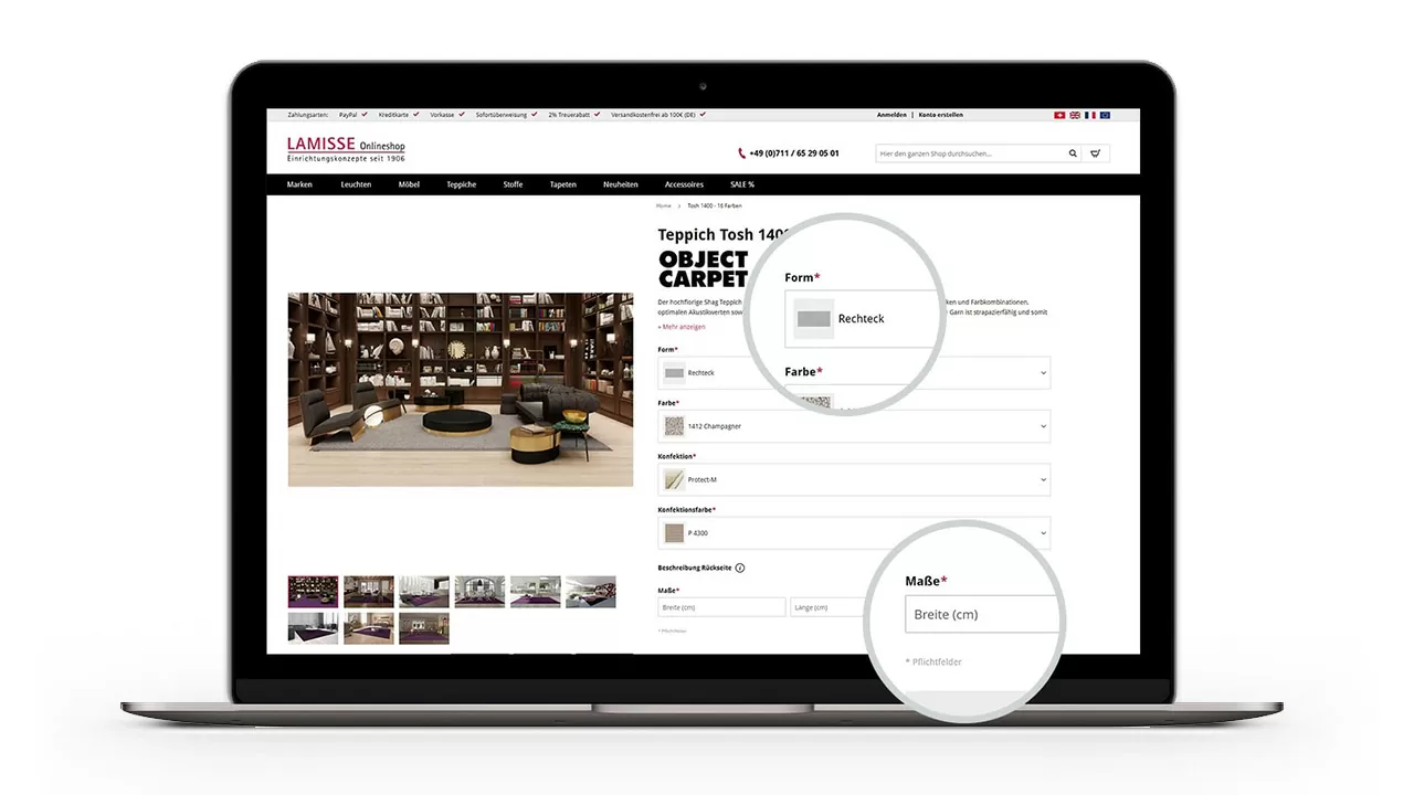 Abbildung des online Teppich-Konfigurators im Online-Shop von Lamisse