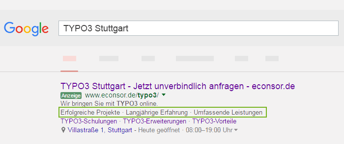 Screenshot TYPO 3 Google