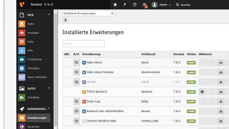 TYPO3 Erweiterungen Screenshot