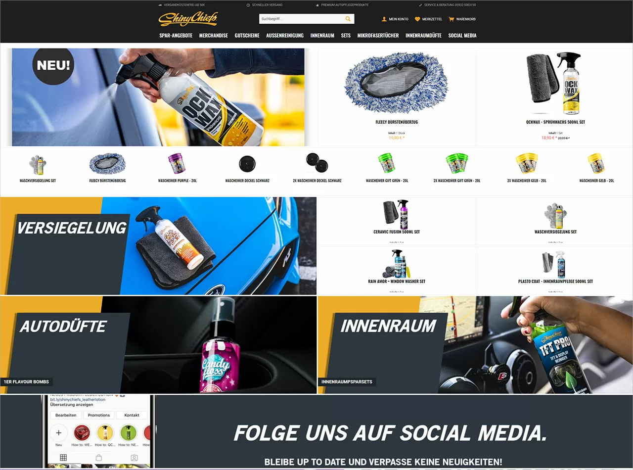 Übersichtseite mit verschiedenen Kategorien von Shiny Chiefs-Produkten