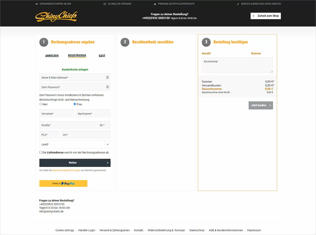Prozess von Rechnungsadresse, Bezahlmethode und Bestell-Bestätigung bei Shiny Chiefs