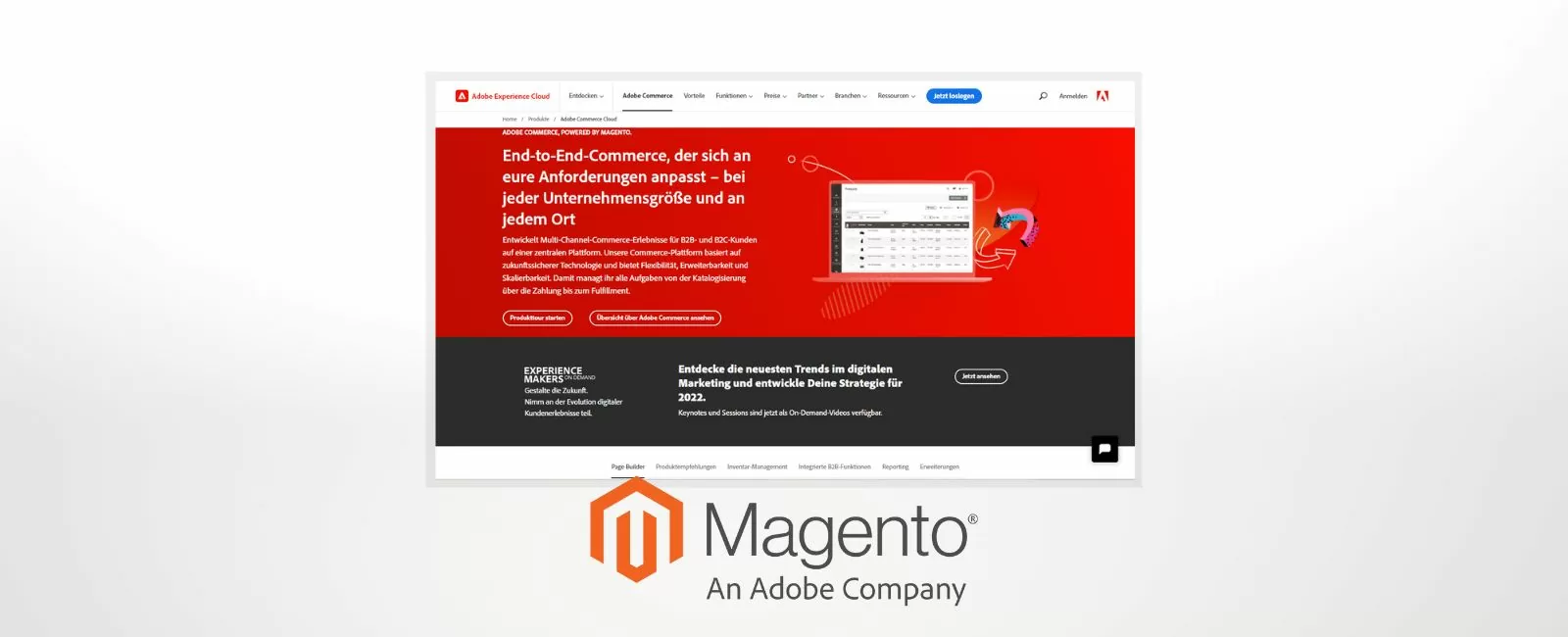 Homepage von Magento mit Magento-Logo
