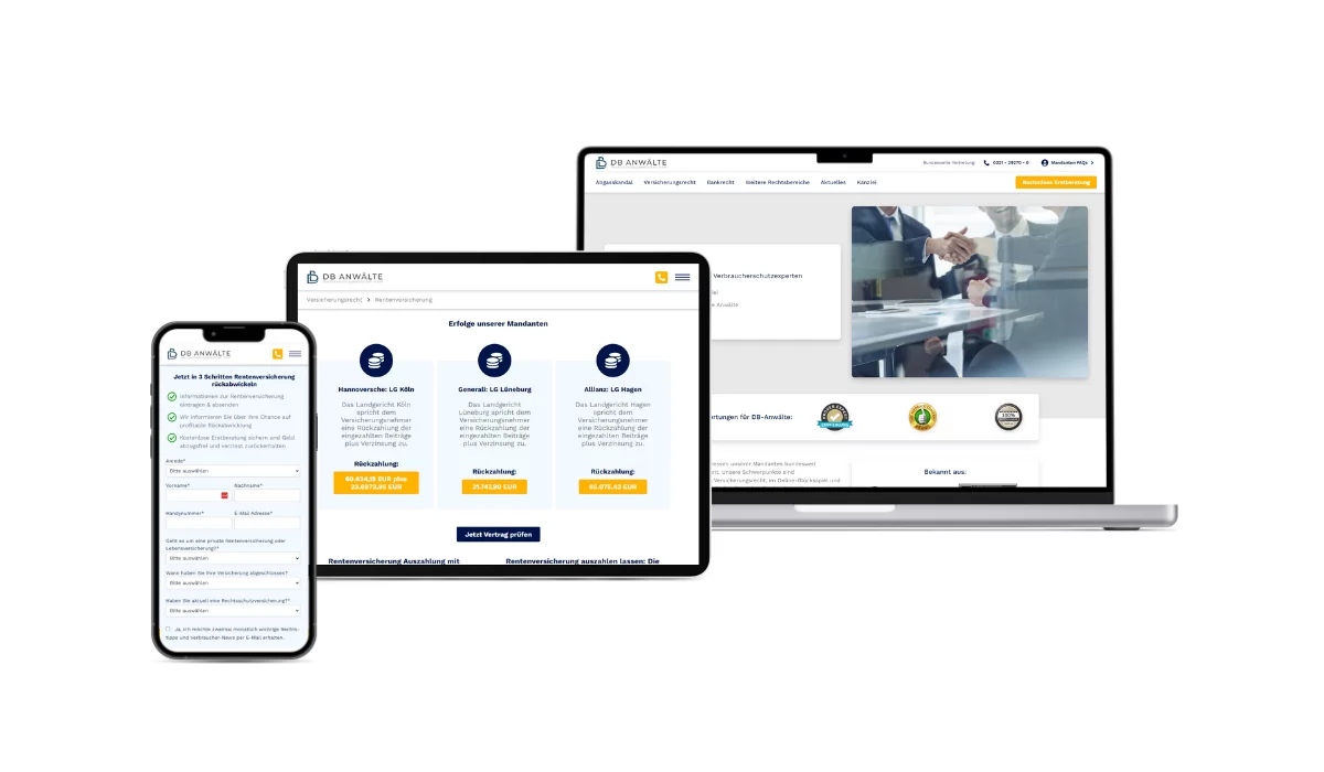 Unterschiedliche responsive Darstellung der Decker & Böse Anwälte-Webseite auf den Geräten IPhone, IPad & IMac
