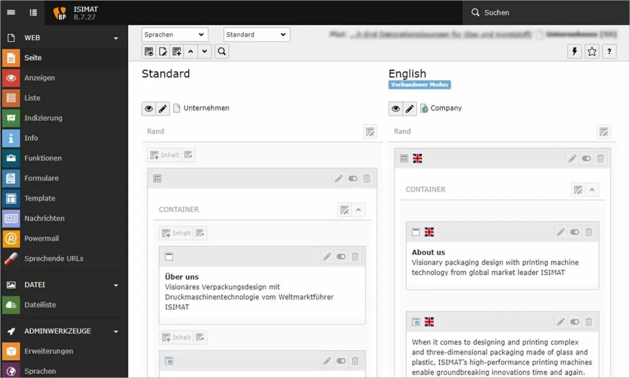 Das TYPO3-Backend der Amann Group unterteilt in Deutsch & Englisch mit Content Boxen