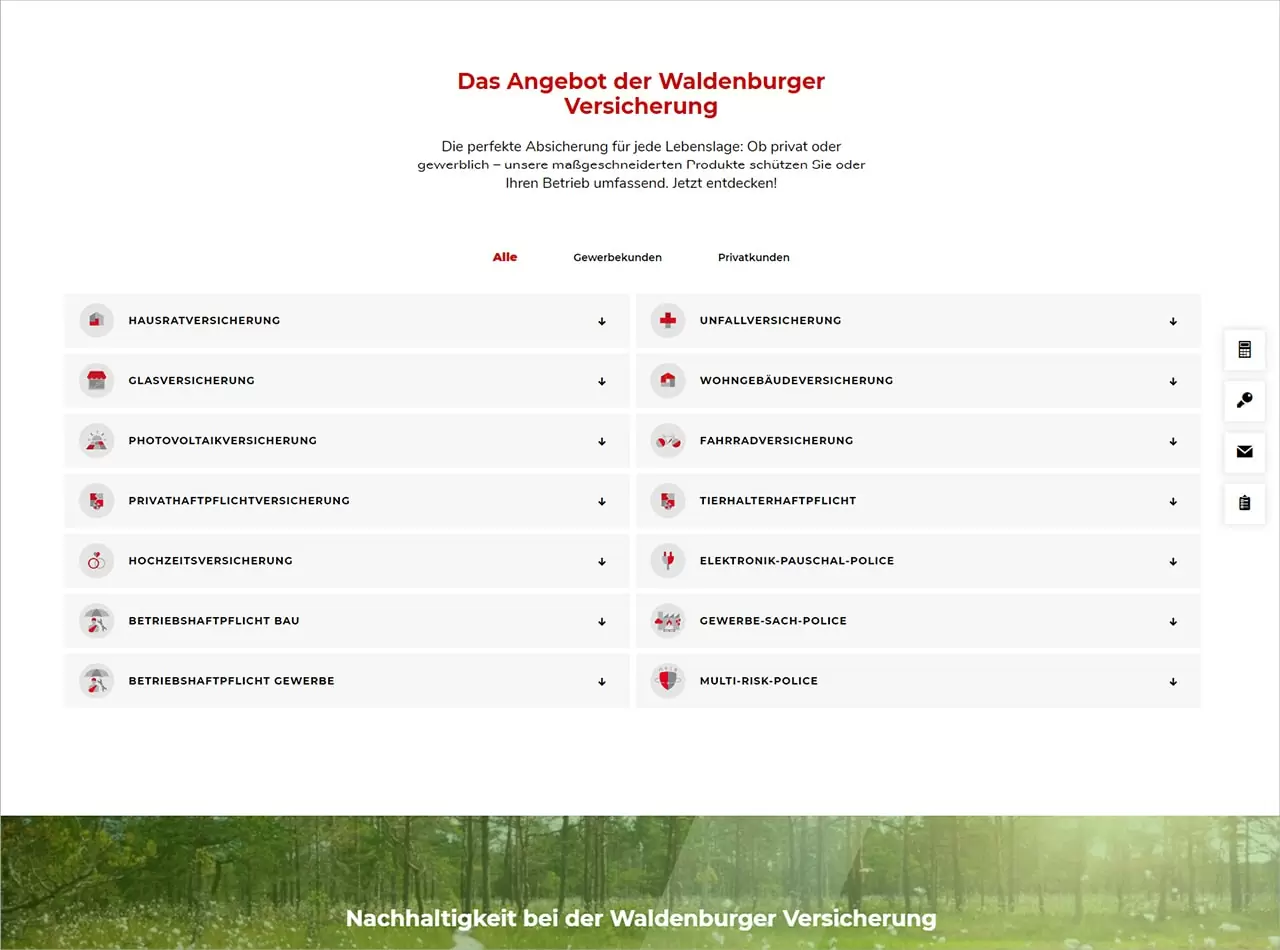 Übersichtliche Auflistung der Leistungen auf der Webseite von Waldenburger