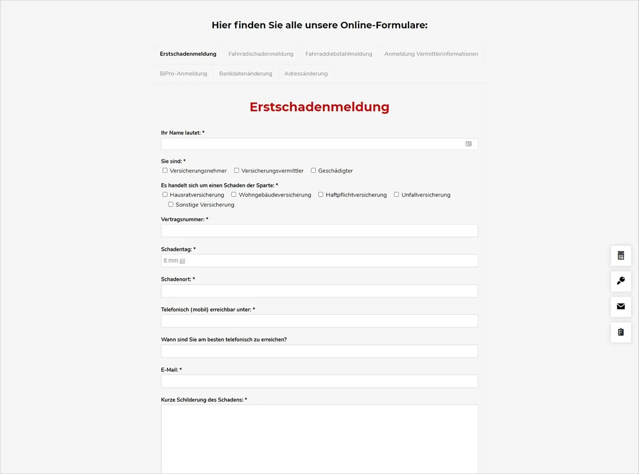 Online-Formular auf der Webseite der Waldenburger Versicherung