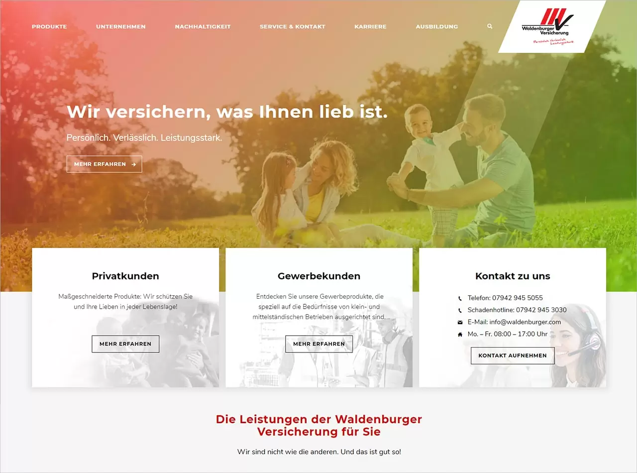 Startseite des Webauftritts für die Waldenburger Versicherung
