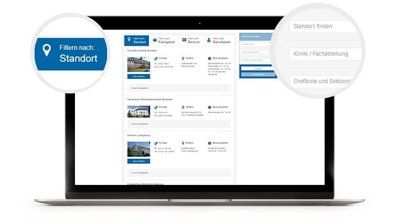 TYPO3-Portal des Klinikverbunds mit den verschiedenen Kliniken