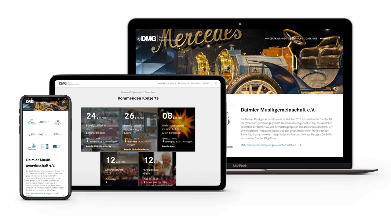 Die Webseite der Daimler Musikgemeinschaft auf einem IPhone, auf einem IPad und auf einem MacBook in responsiver Darstellung