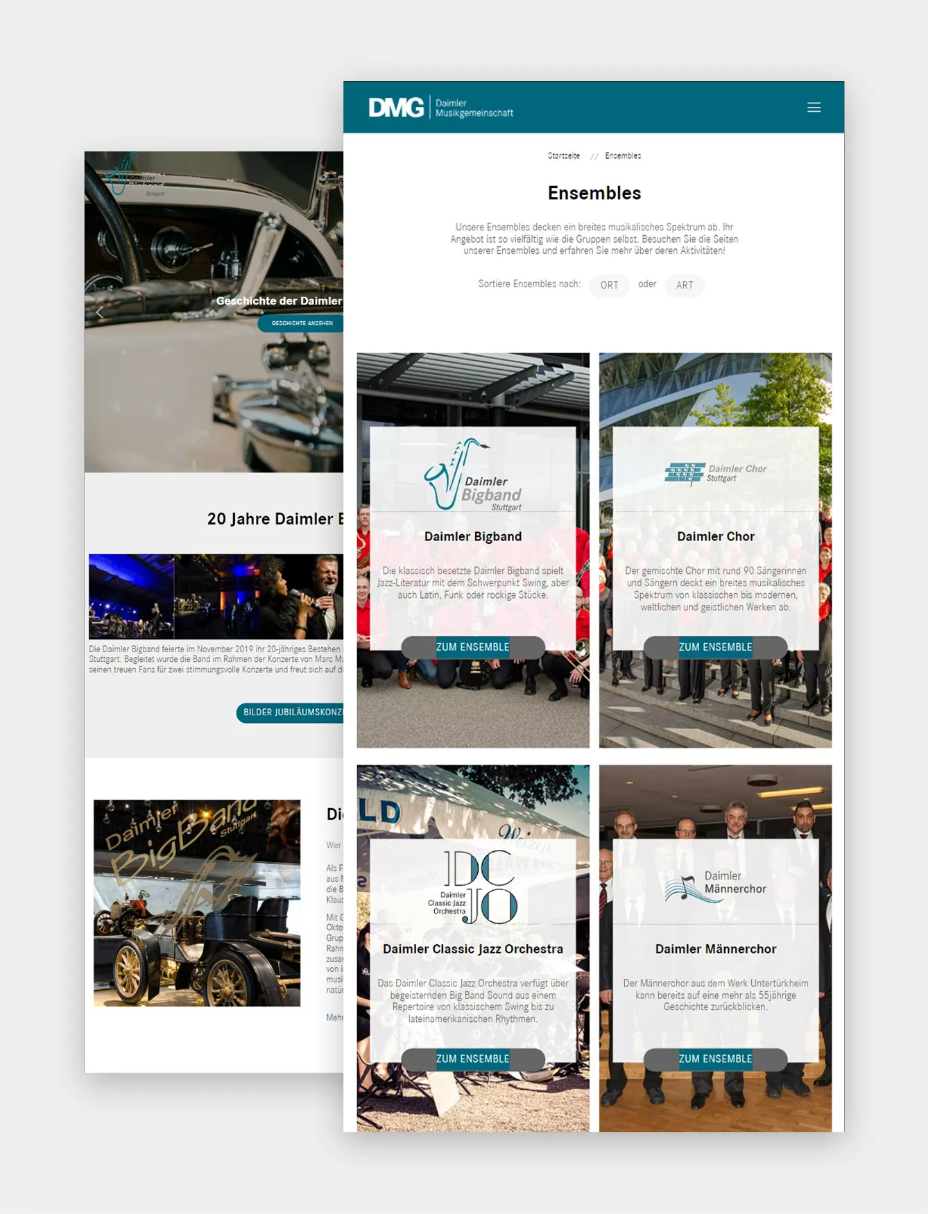 Daimler Musikgemeinschaft Ensembles mit Kurzbeschreibung der Daimler BigBand, Des Daimler Chor, des Daimler Classic Jazz Orchestra und des Daimler Männerchor, im Hintergrund abgeschnitten die Geschichte der über 20-jährigen DMG