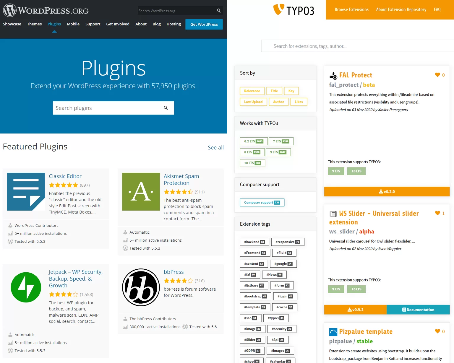 Plugins bei WordPress, Extensions bei TYPO3