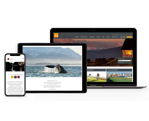 Mockup von Macbook, IPad und iPhone von den Seiten golf.extra, tps-reisen und emu