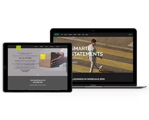 Die Startseiten von Modehaus Palm und Modehaus Bär auf einem Macbook und einem iPad