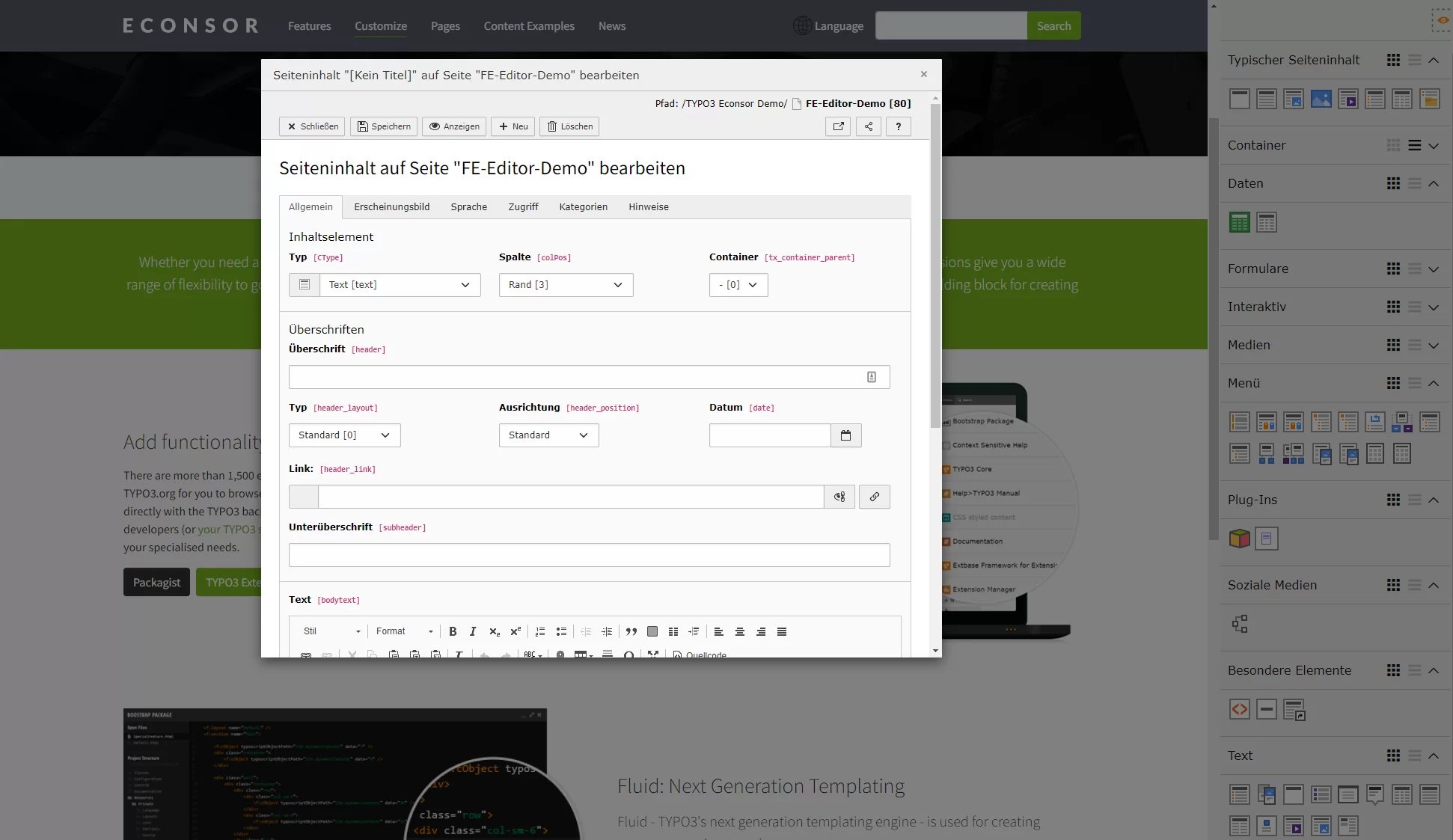 Detailansicht der Eingabemaske eines Blocks im Editiermodus des Frontend-Editors