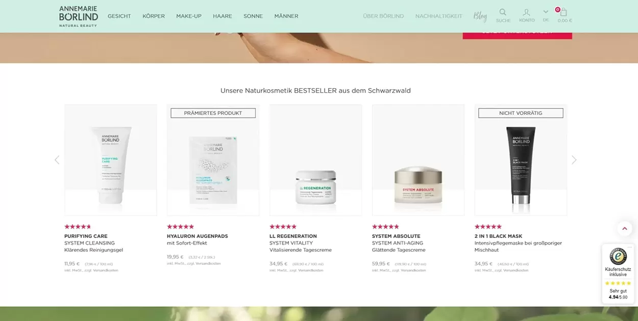 Produkte mit 5-Sterne-Bewertungen aus dem Webshop von Annemarie Börlind
