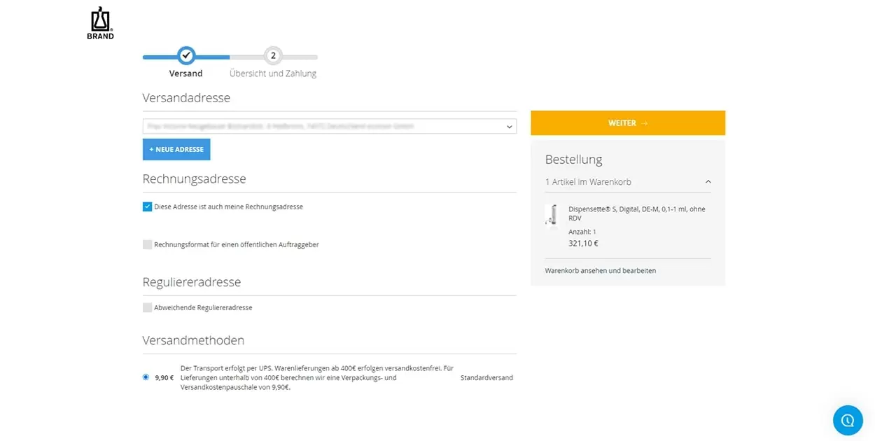 Checkout des Webshops von Brand