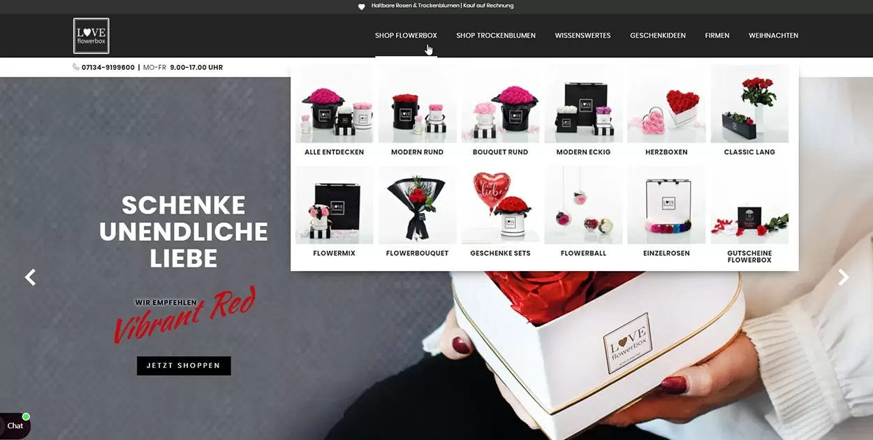 Navigation des Webshops von Love flowerbox