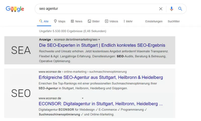 Direkter Vergleich von SEO und SEO in den Google Suchergebnissen