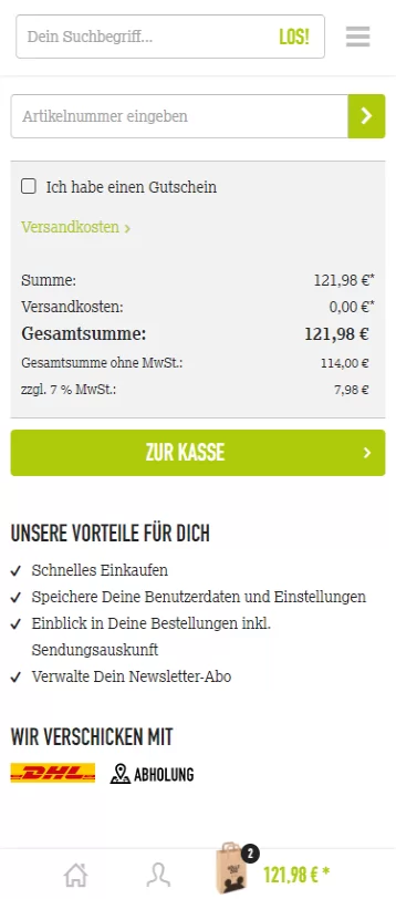 Auffallender "Zur Kasse"-Button im Kölle Zoo E-Commerce