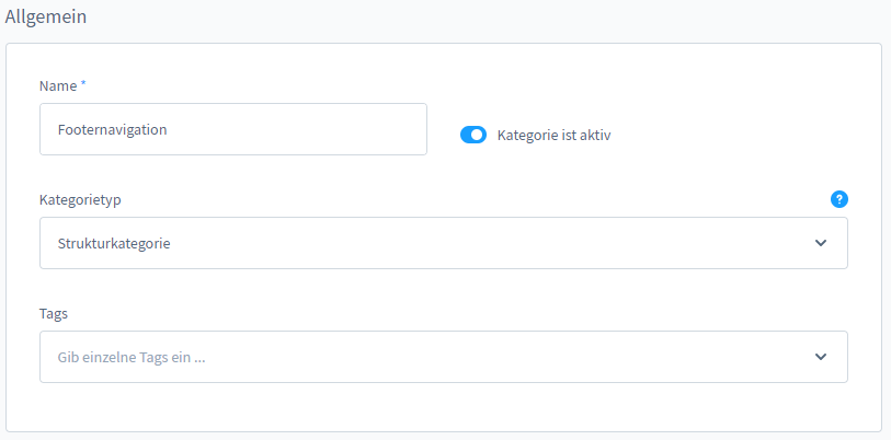 Abbildung des Shopware Backend während der Erstellung der Footer-Navigation-Kategorie