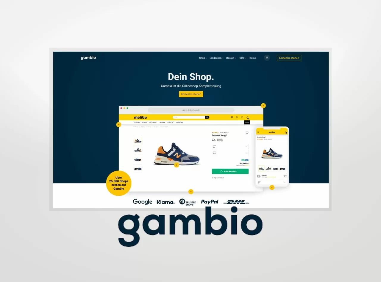 Startseite des Shopsystem-Herstellers Gambio und das Gambio-Logo