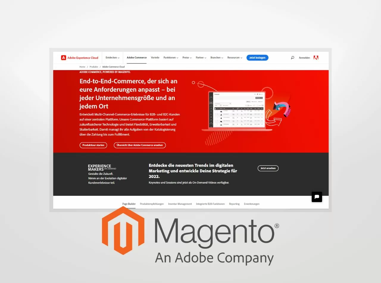 Die offizielle Hersteller-Seite von Adobe Commerce (Magento) sowie das Adobe Commerce (Magento)-Logo