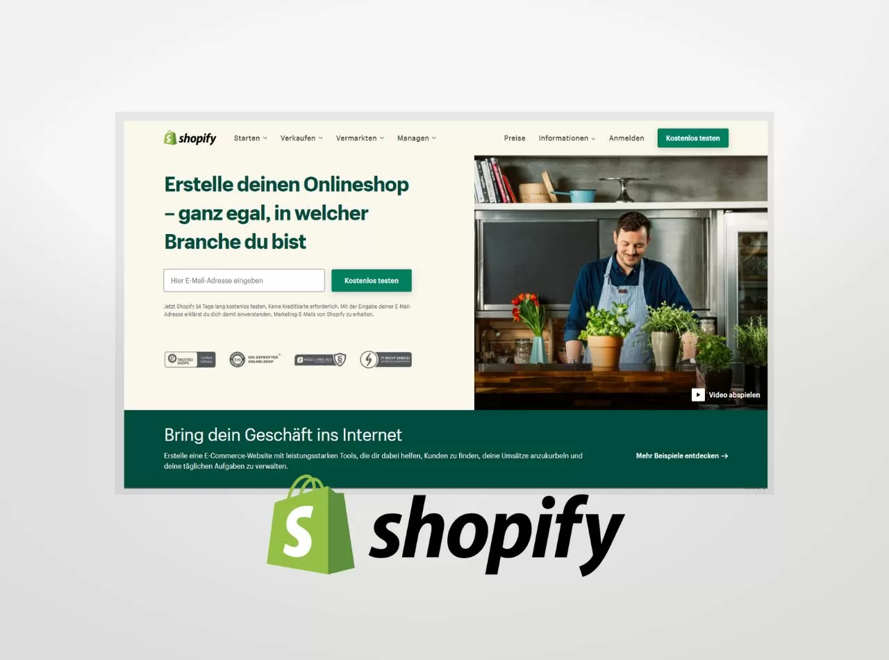 Die offizielle Shopify-Seite sowie das Shopify-Logo
