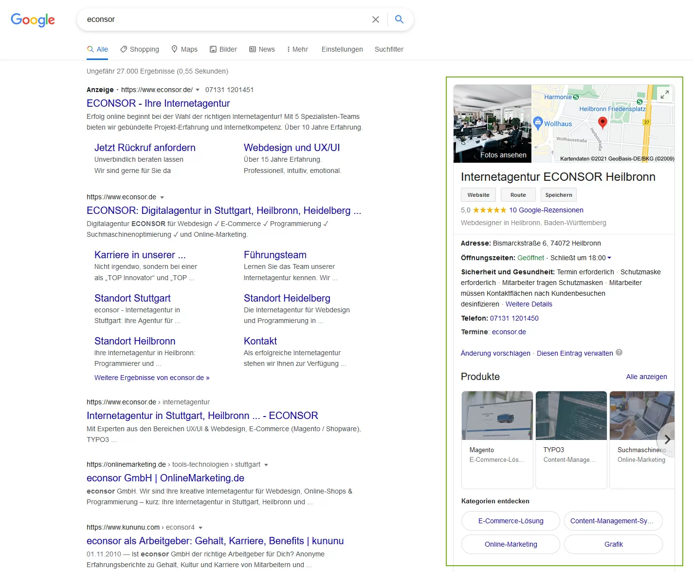 Firmeneintrag von ECONSOR in den Google Suchergebnissen als Google My Business Eintrag