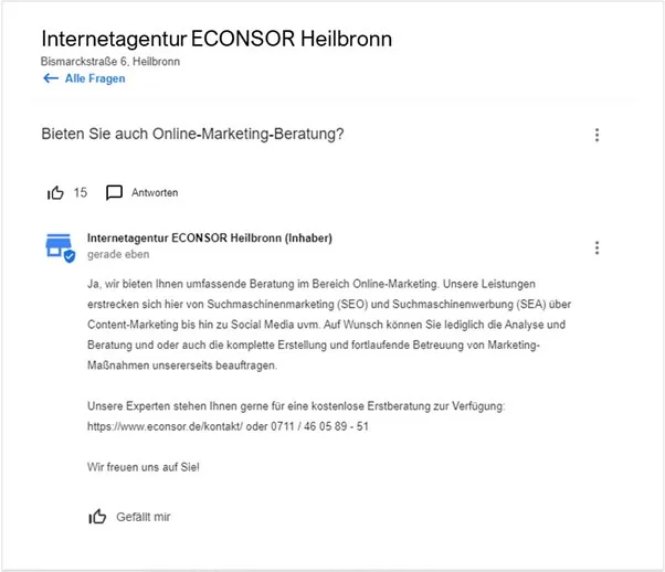 Frage und Antwort des ECONSOR Google My Business Eintrages