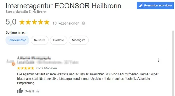 Rezensionen von ECONSOR im Google My Business Eintrag